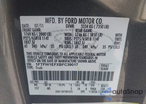 2011 Ford F-150 Xlt z USA, uszkodzony, nr VIN 1FTFW1EFXBFC39017